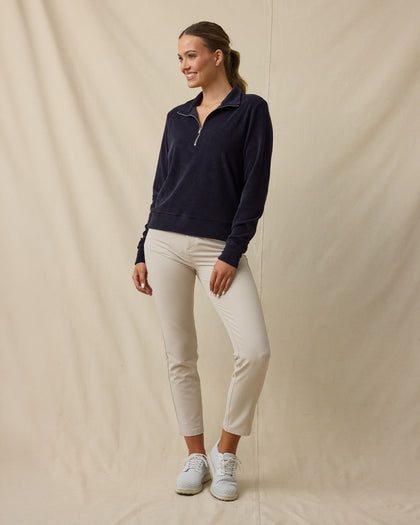 Collette Quarter Zip in New Indigo, full outfit model view with open collar, styled with beige golf pants