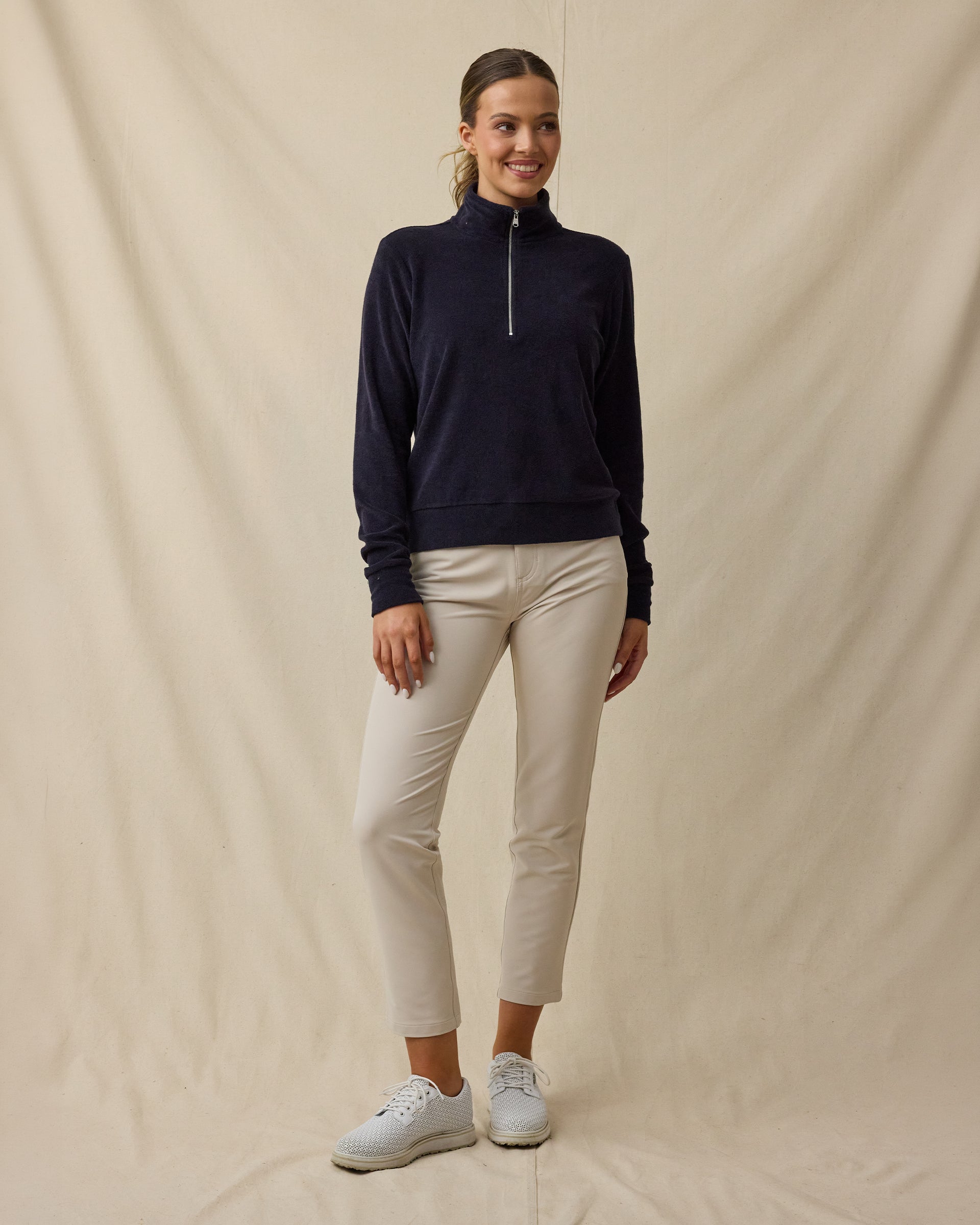Collette Quarter Zip in New Indigo, full outfit model view with zipped mock neck