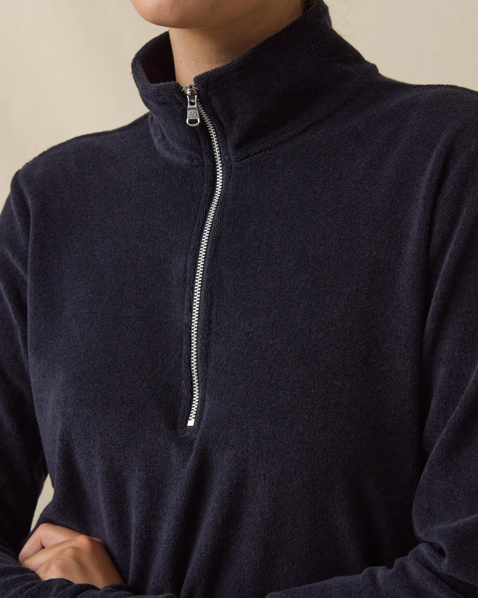 Collette Quarter Zip in New Indigo, zipped collar detail showcasing the plush brushed fabric and quarter-zip closure