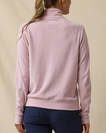 Back view of the Straight Down Collette Quarter Zip in Pink Dawn featuring soft terry cloth fabric
