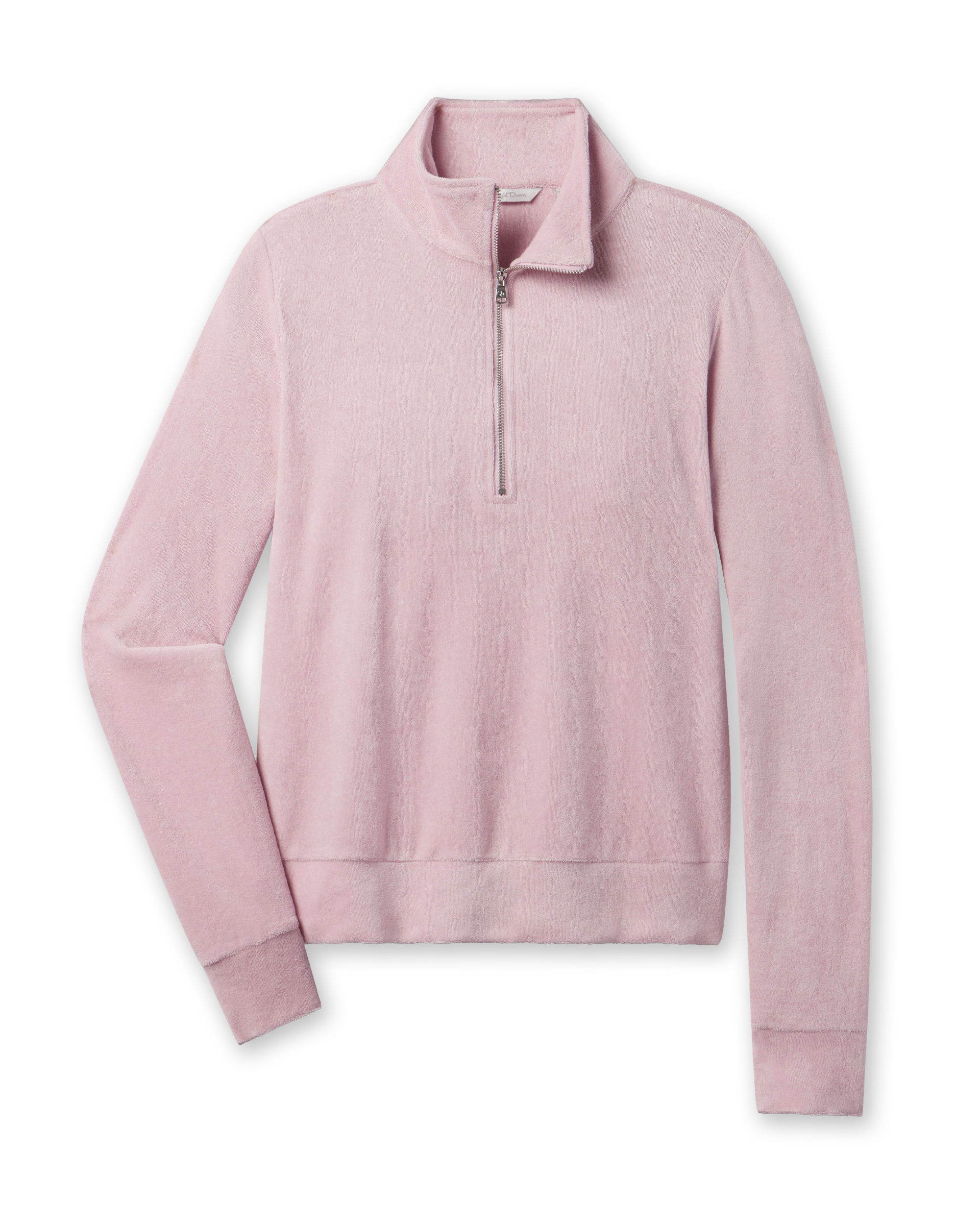 Straight Down Collette Quarter Zip in Pink Dawn featuring soft terry cloth fabric, front flat lay view