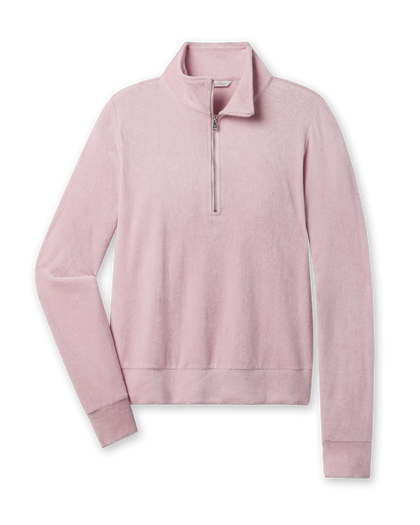 Straight Down Collette Quarter Zip in Pink Dawn featuring soft terry cloth fabric, front flat lay view