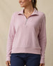 Woman wearing the Straight Down Collette Quarter Zip in Pink Dawn soft terry cloth fabric, front view