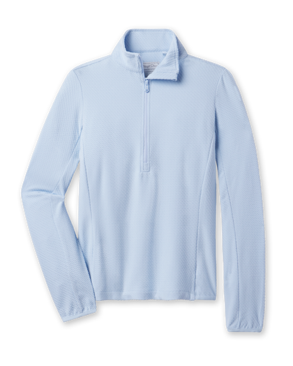 Women’s Lorna Half Zip in Lake featuring a soft textured knit, stand collar, and tonal half-zip closure.