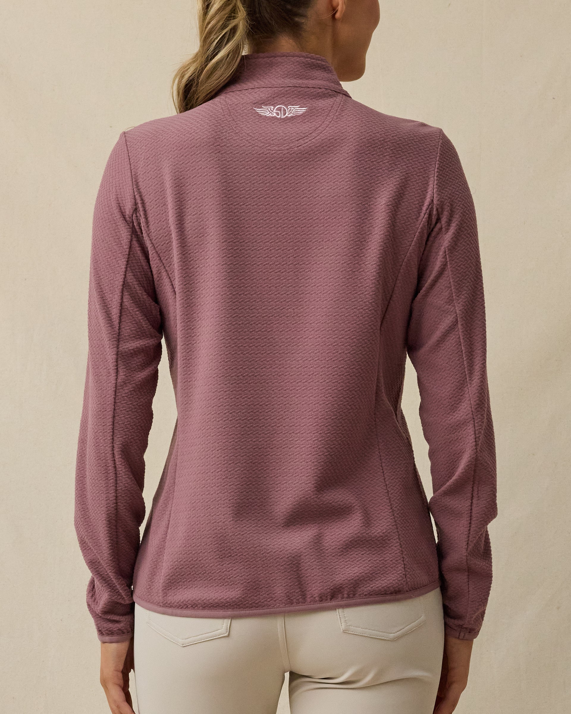 Back view of the Lorna Half Zip women's textured fleece pullover in Oxblood Red featuring Straight Down logo below collar