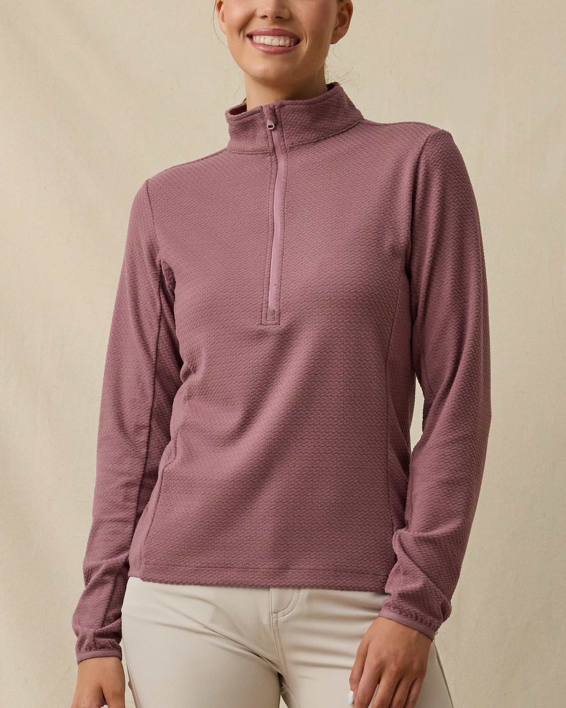 Model wearing the Lorna Half Zip textured fleece pullover in Oxblood Red, front view