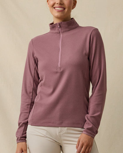 Model wearing the Lorna Half Zip textured fleece pullover in Oxblood Red, front view
