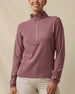 Model wearing the Lorna Half Zip textured fleece pullover in Oxblood Red, front view