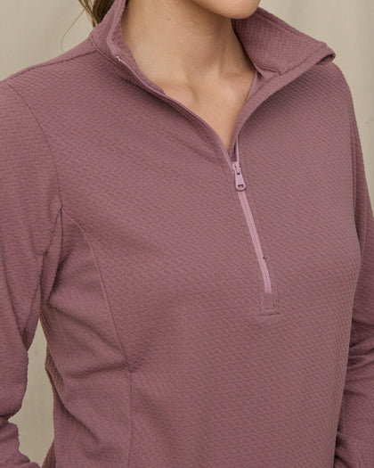 Close-up of the Lorna Half Zip in Oxblood Red showing textured fleece fabric and half-zip collar