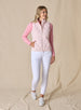 Women's Hestia Vest in Soft Pink, full length front view on model featuring a solid light pink quilted diamond pattern and full zip closure