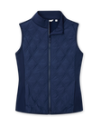 Women's Hestia Vest in New Indigo, flat lay front view featuring a hybrid construction with a quilted diamond-pattern front body and solid stretch side panels, full zip closure, and stand-up collar