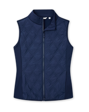 Women's Hestia Vest in New Indigo, flat lay front view featuring a hybrid construction with a quilted diamond-pattern front body and solid stretch side panels, full zip closure, and stand-up collar