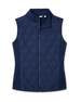 Women's Hestia Vest in New Indigo, flat lay front view featuring a hybrid construction with a quilted diamond-pattern front body and solid stretch side panels, full zip closure, and stand-up collar