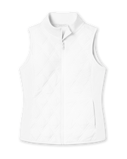Women's Hestia Vest in White, flat lay front view featuring a hybrid construction with a quilted diamond-pattern front body and solid stretch side panels, full zip closure, and stand-up collar
