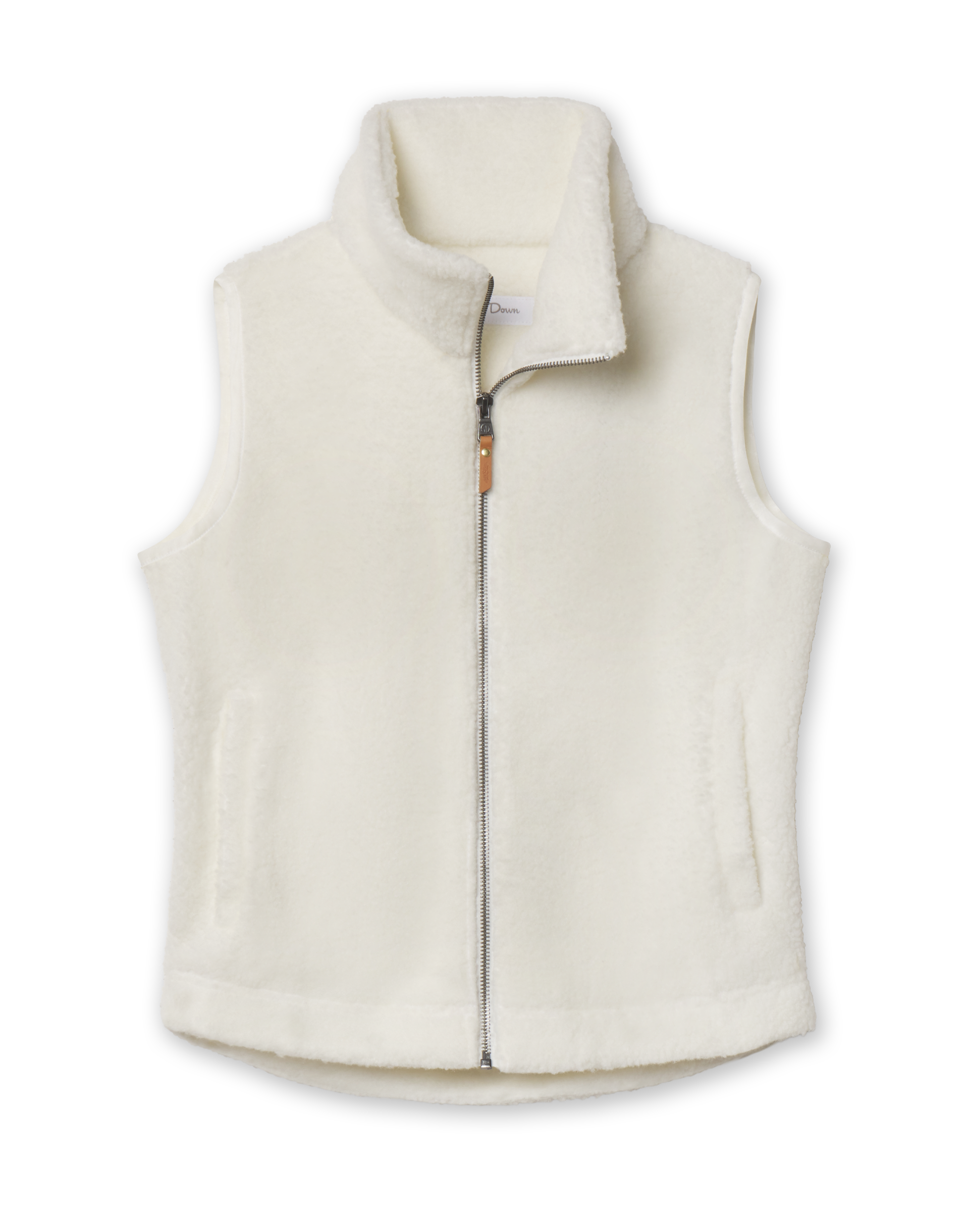 Front view of the Bailey Vest in Coconut, featuring soft ivory fleece, a stand collar, full-length zipper with leather pull tab, and two front pockets.