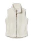 Front view of the Bailey Vest in Coconut, featuring soft ivory fleece, a stand collar, full-length zipper with leather pull tab, and two front pockets.