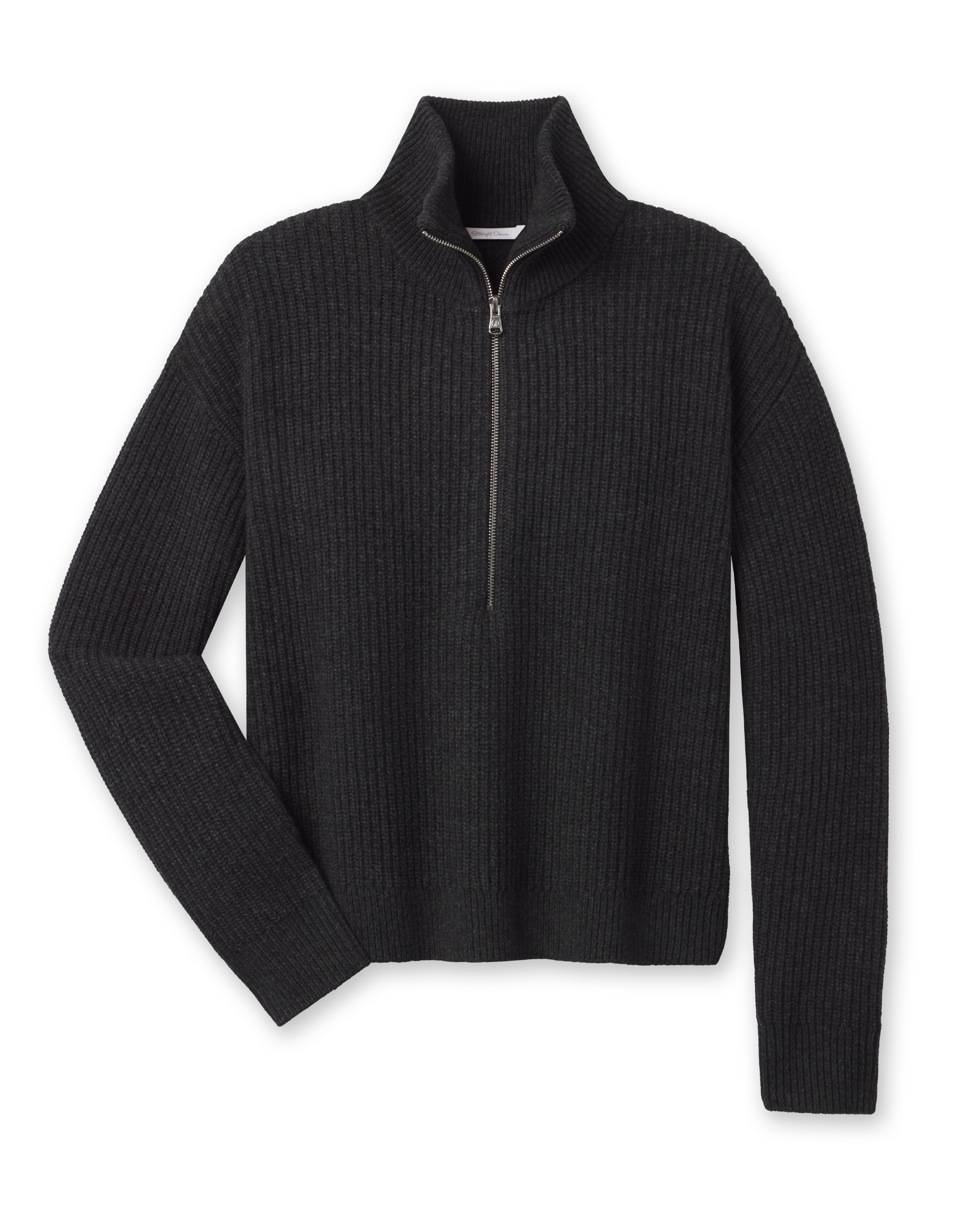 Women’s Devon Half Zip Sweater in Charcoal featuring a textured rib knit, high collar, and silver half-zip closure.