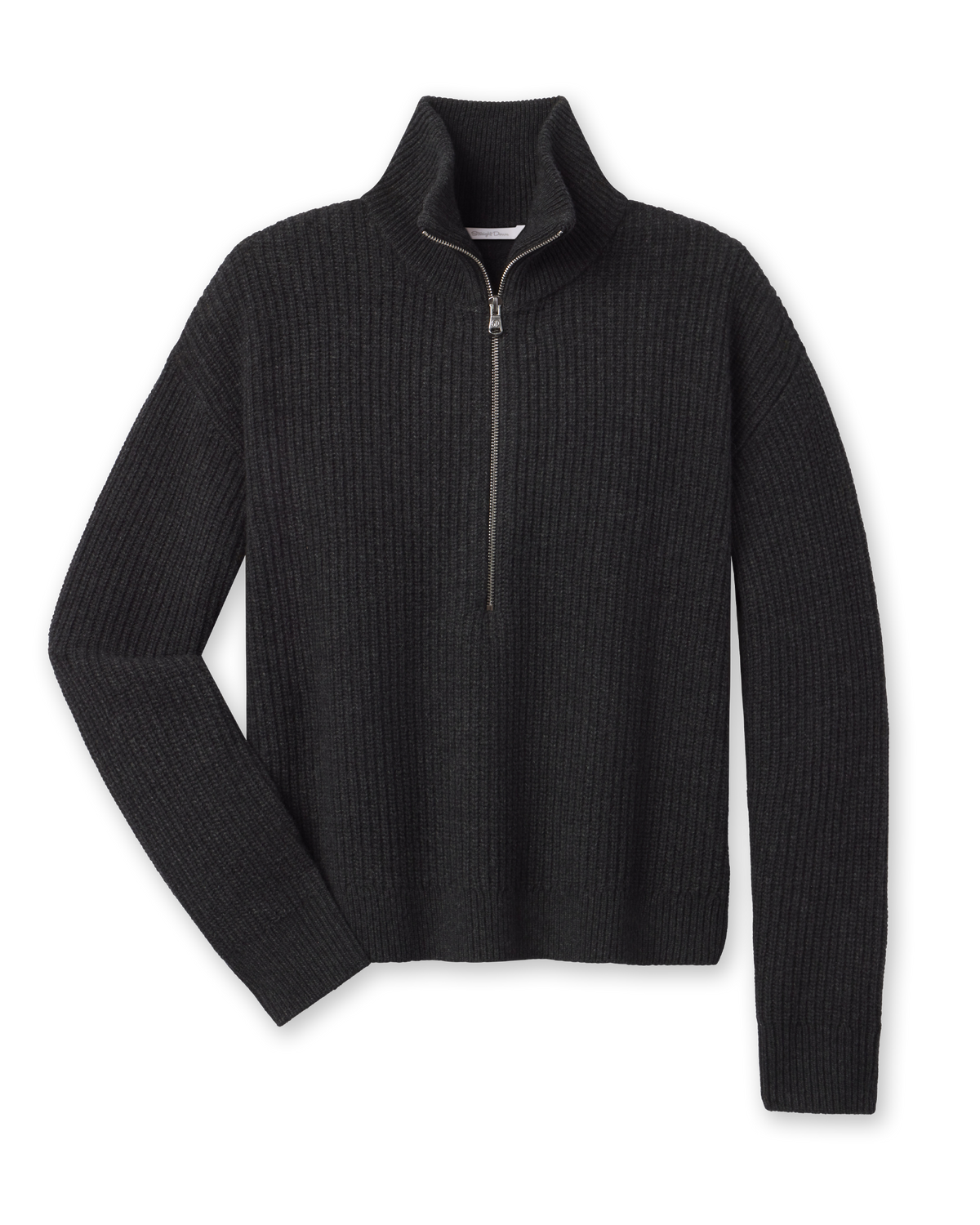 Women’s Devon Half Zip Sweater in Charcoal featuring a textured rib knit, high collar, and silver half-zip closure.
