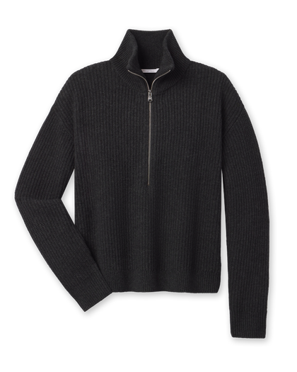 Women’s Devon Half Zip Sweater in Charcoal featuring a textured rib knit, high collar, and silver half-zip closure.
