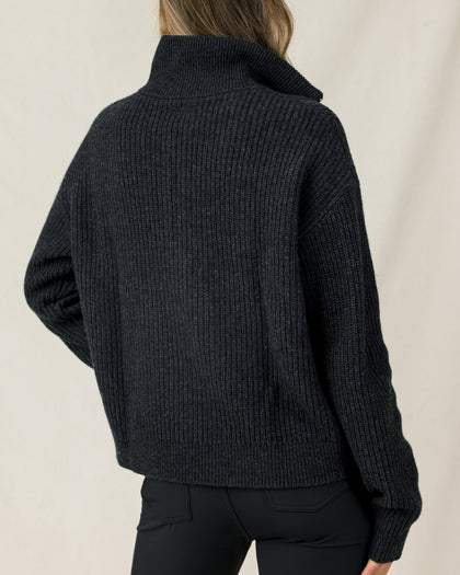 Back view of the Devon Half Zip Sweater in Charcoal, highlighting the relaxed silhouette, ribbed knit, and high collar.