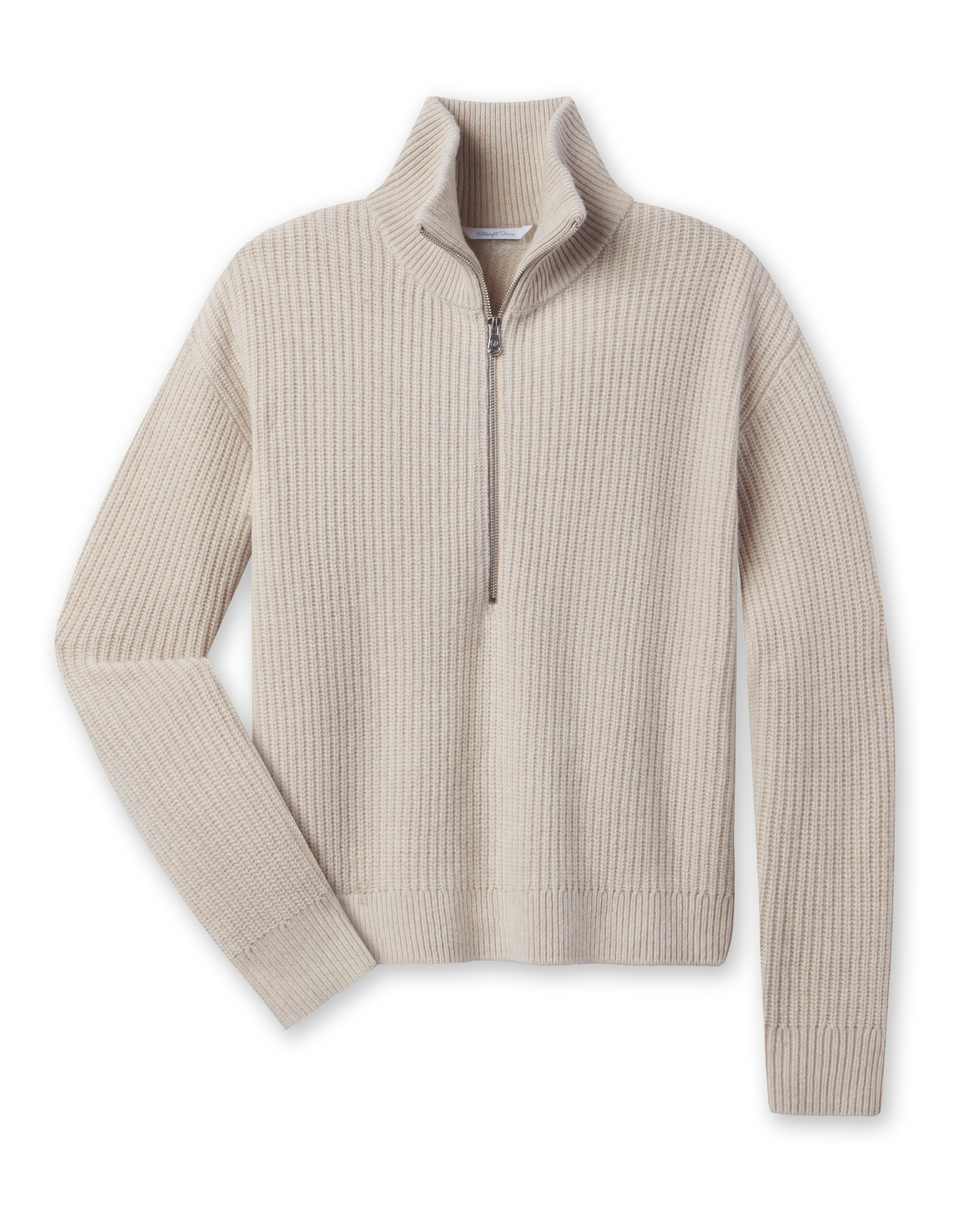 Women’s Devon Half Zip Sweater in Oat featuring a textured rib knit, high collar, and silver half-zip closure.