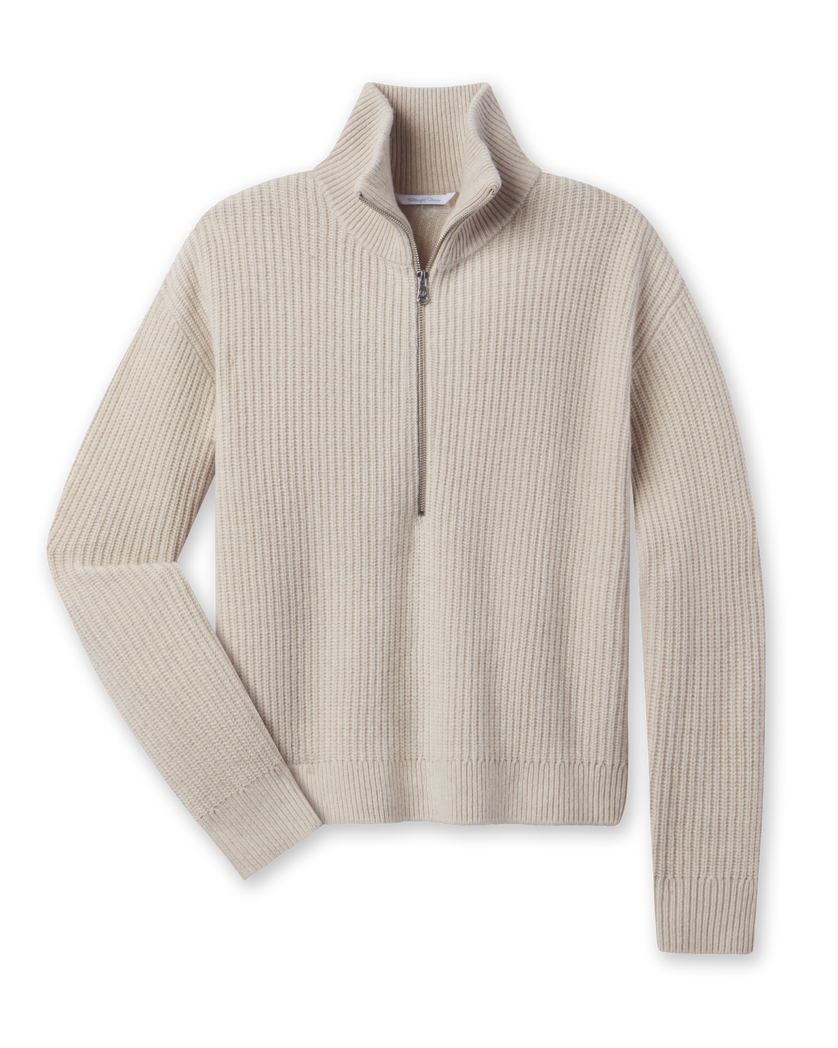 Women’s Devon Half Zip Sweater in Oat featuring a textured rib knit, high collar, and silver half-zip closure.