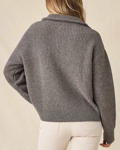 Women's Devon Half Zip Sweater in Woodland, back view on model showcasing a grey ribbed knit texture and relaxed silhouette, styled with khaki pants