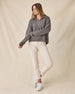 Women's Devon Half Zip Sweater in Woodland, full-length front view on model featuring a grey quarter-zip closure and ribbed knit texture, styled with khaki pants and white shoes