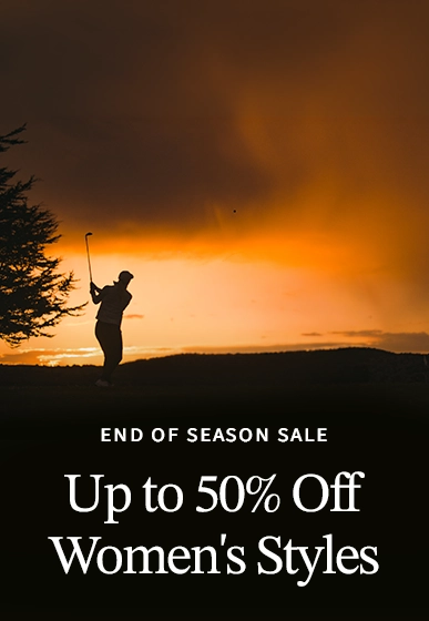Woman golfer silhouetted against a sunset promoting the Straight Down End of Season Sale with up to 50% off women's styles.