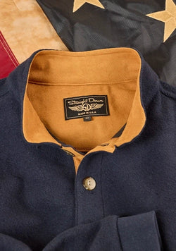 Made in USA Foothill V2 Placket in Indigo with tan collar detail displayed on vintage American flag backdrop